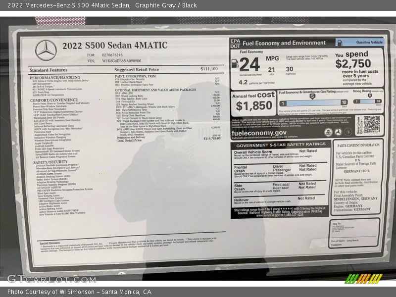  2022 S 500 4Matic Sedan Window Sticker
