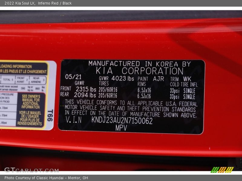 2022 Soul LX Inferno Red Color Code AJR