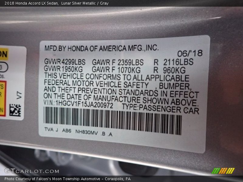 Lunar Silver Metallic / Gray 2018 Honda Accord LX Sedan