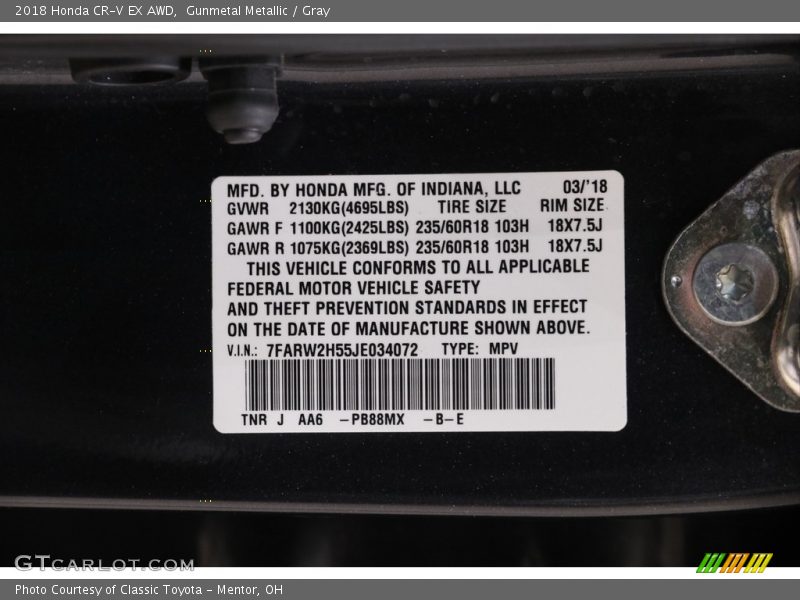 2018 CR-V EX AWD Gunmetal Metallic Color Code PB88MX