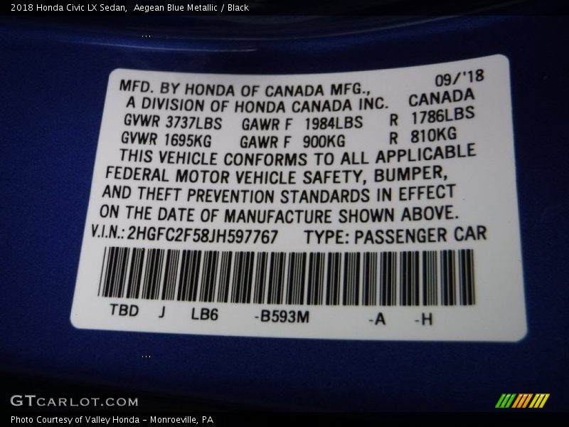 Aegean Blue Metallic / Black 2018 Honda Civic LX Sedan