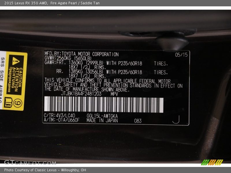 2015 RX 350 AWD Fire Agate Pearl Color Code 4V3