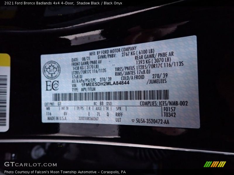 Shadow Black / Black Onyx 2021 Ford Bronco Badlands 4x4 4-Door