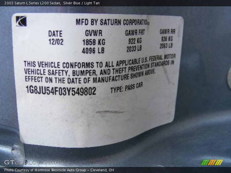 Silver Blue / Light Tan 2003 Saturn L Series L200 Sedan