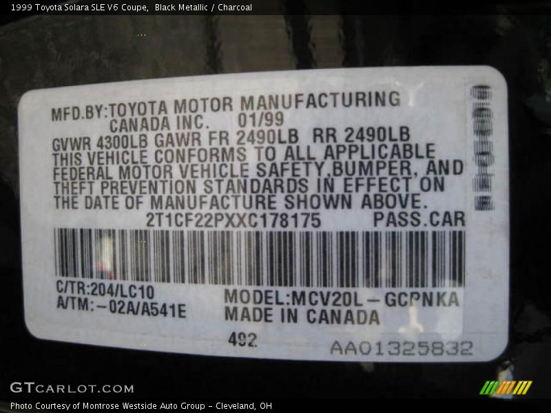 Black Metallic / Charcoal 1999 Toyota Solara SLE V6 Coupe