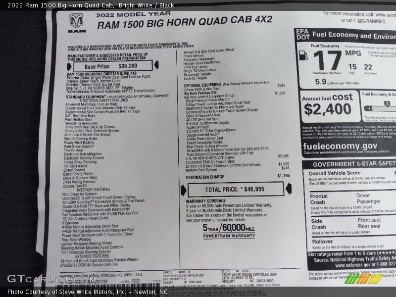 Bright White / Black 2022 Ram 1500 Big Horn Quad Cab
