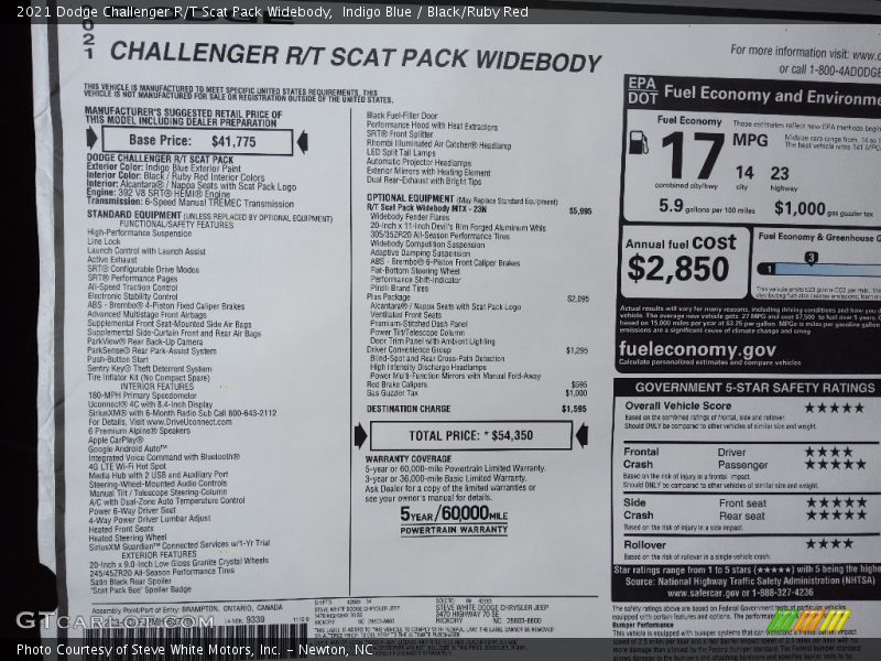 2021 Challenger R/T Scat Pack Widebody Window Sticker