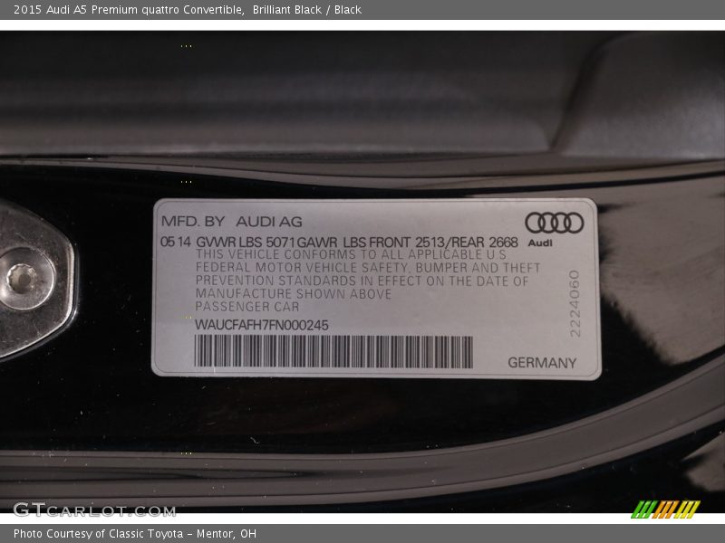 Brilliant Black / Black 2015 Audi A5 Premium quattro Convertible