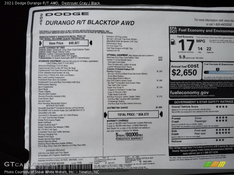 Destroyer Gray / Black 2021 Dodge Durango R/T AWD