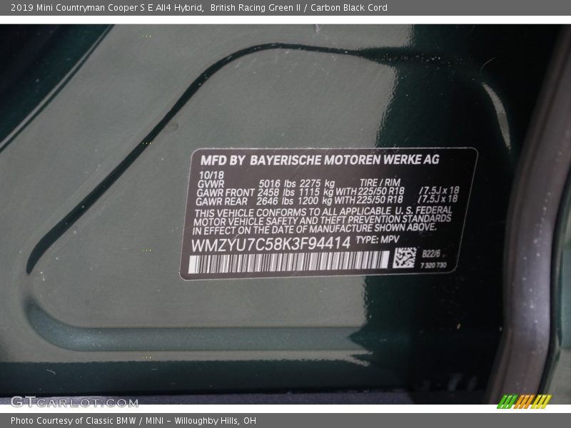 British Racing Green II / Carbon Black Cord 2019 Mini Countryman Cooper S E All4 Hybrid