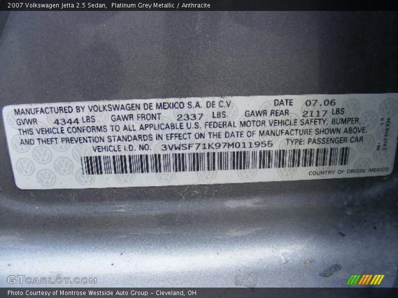 Platinum Grey Metallic / Anthracite 2007 Volkswagen Jetta 2.5 Sedan