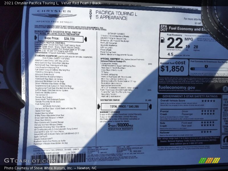 Velvet Red Pearl / Black 2021 Chrysler Pacifica Touring L