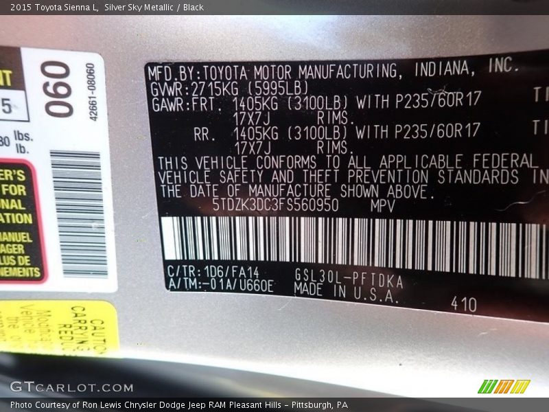 2015 Sienna L Silver Sky Metallic Color Code 1D6