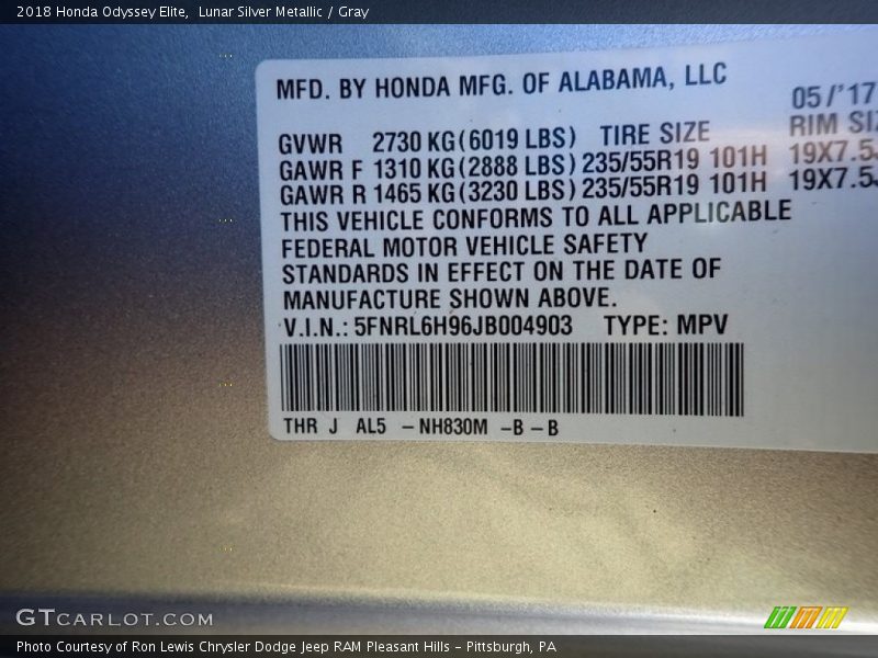 Lunar Silver Metallic / Gray 2018 Honda Odyssey Elite