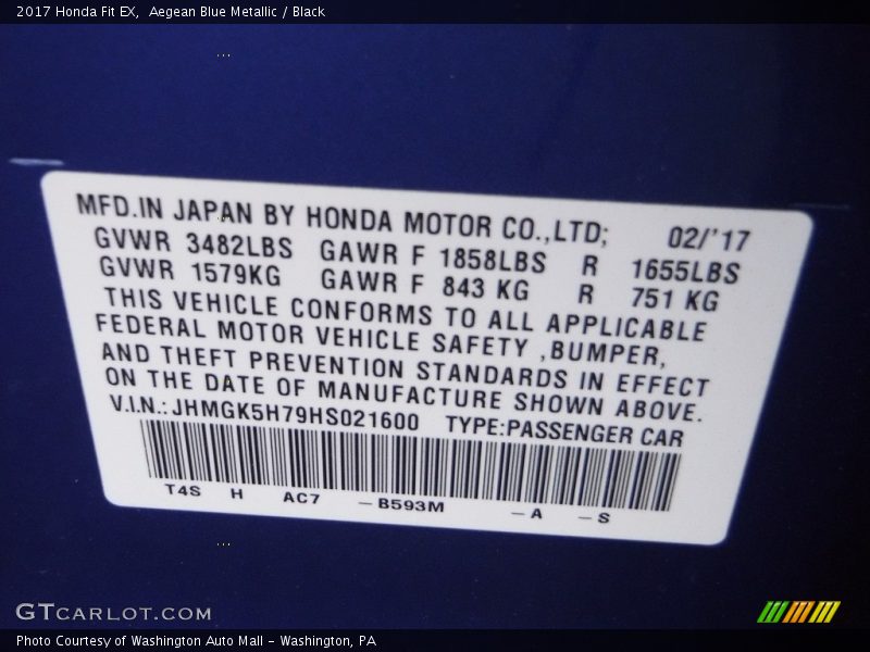 Aegean Blue Metallic / Black 2017 Honda Fit EX