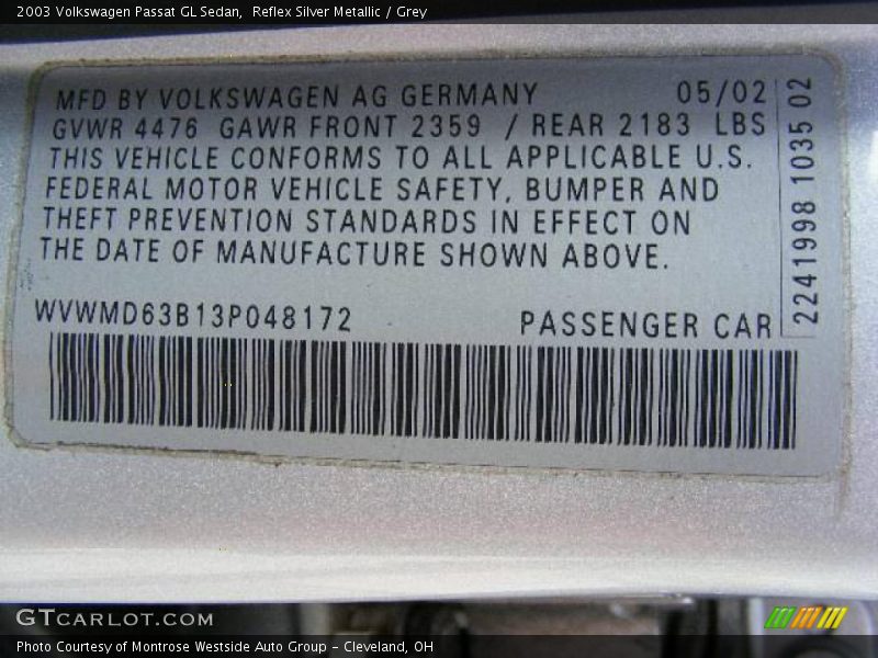 Reflex Silver Metallic / Grey 2003 Volkswagen Passat GL Sedan