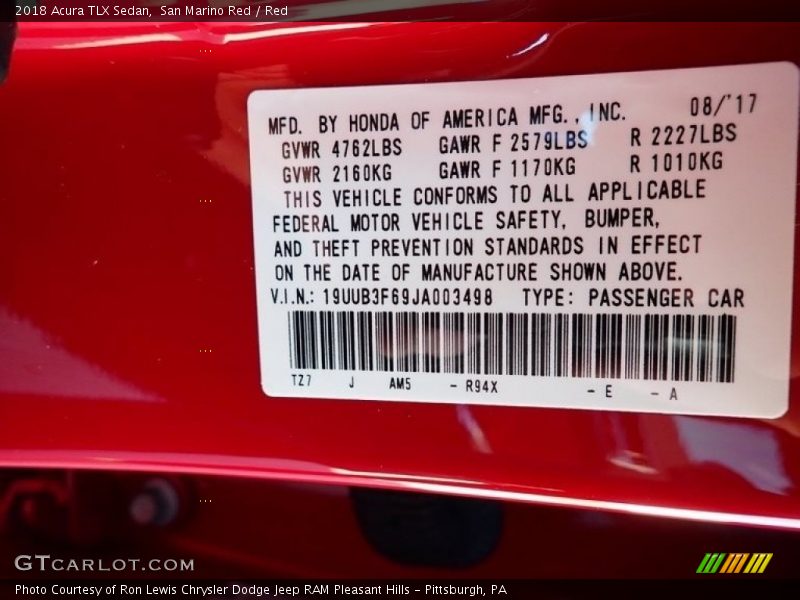 2018 TLX Sedan San Marino Red Color Code R94X