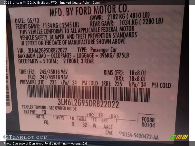 2013 MKZ 2.0L EcoBoost FWD Smoked Quartz Color Code TQ