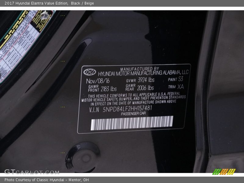 Black / Beige 2017 Hyundai Elantra Value Edition