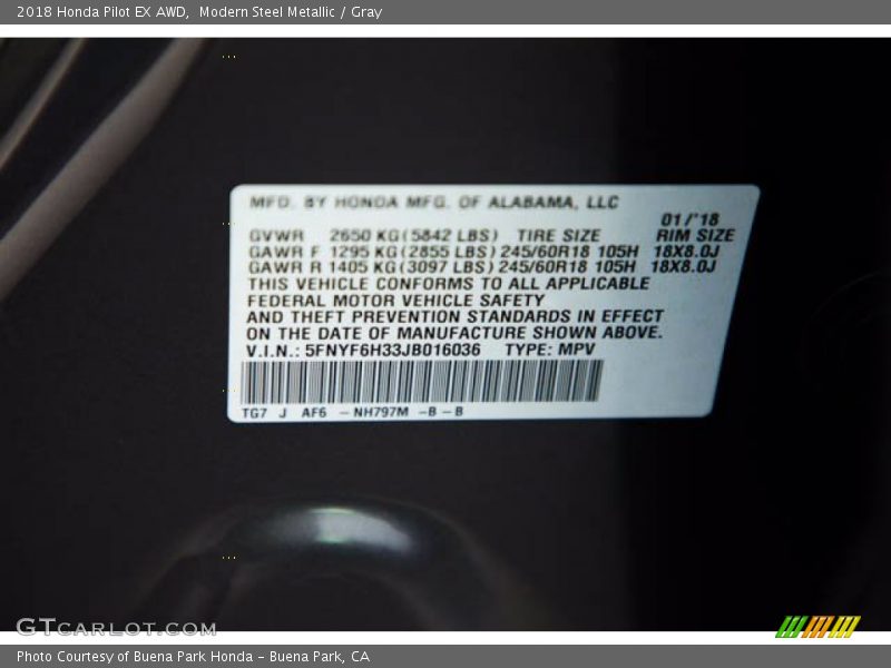Modern Steel Metallic / Gray 2018 Honda Pilot EX AWD