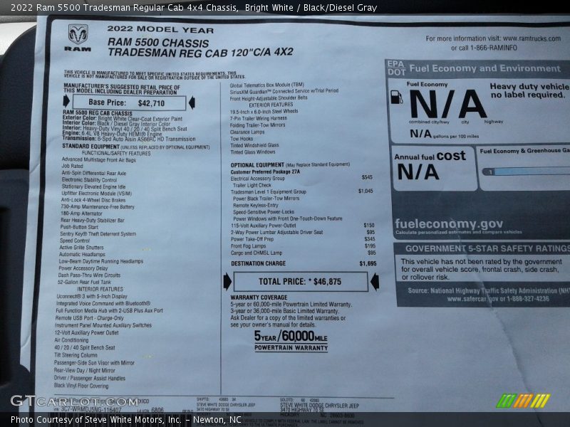  2022 5500 Tradesman Regular Cab 4x4 Chassis Window Sticker