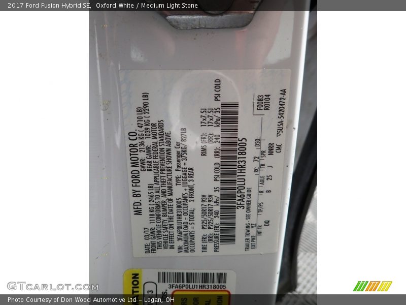 Oxford White / Medium Light Stone 2017 Ford Fusion Hybrid SE