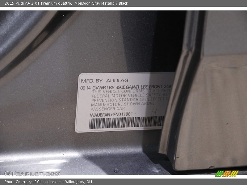 Monsoon Gray Metallic / Black 2015 Audi A4 2.0T Premium quattro