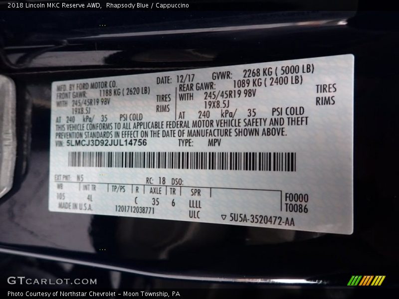 2018 MKC Reserve AWD Rhapsody Blue Color Code N5