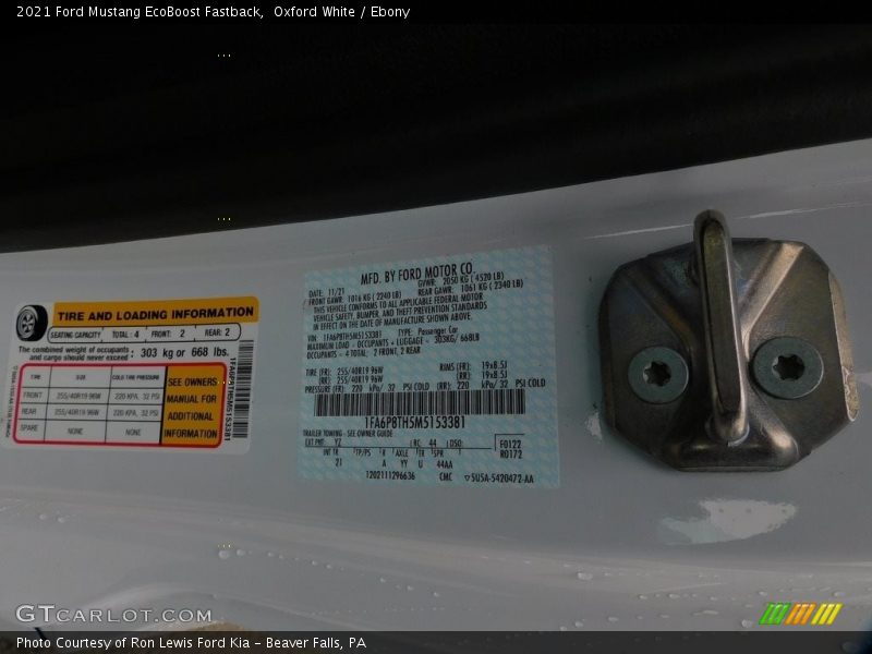 2021 Mustang EcoBoost Fastback Oxford White Color Code YZ