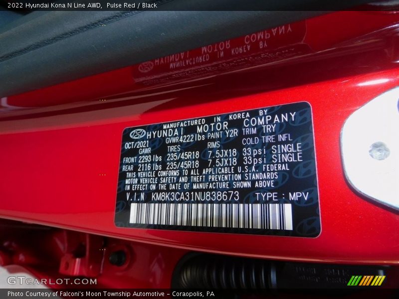 2022 Kona N Line AWD Pulse Red Color Code Y2R