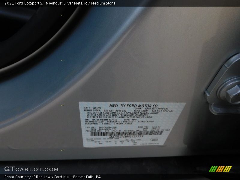 Moondust Silver Metallic / Medium Stone 2021 Ford EcoSport S