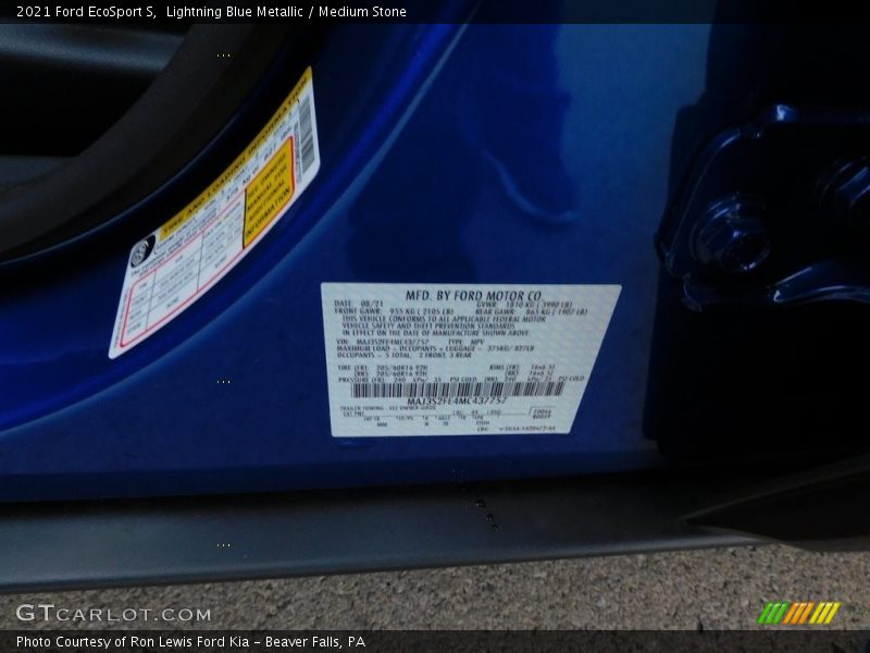 Lightning Blue Metallic / Medium Stone 2021 Ford EcoSport S