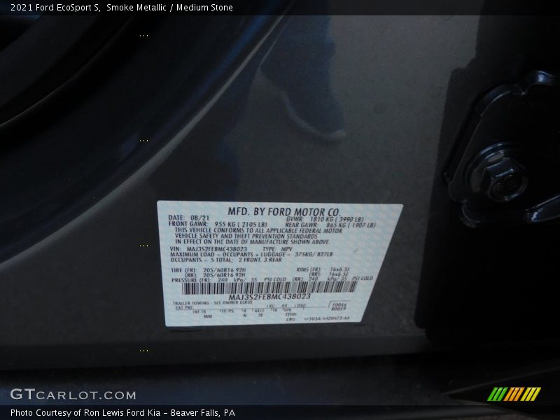 Smoke Metallic / Medium Stone 2021 Ford EcoSport S