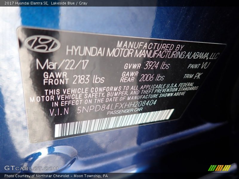 Lakeside Blue / Gray 2017 Hyundai Elantra SE