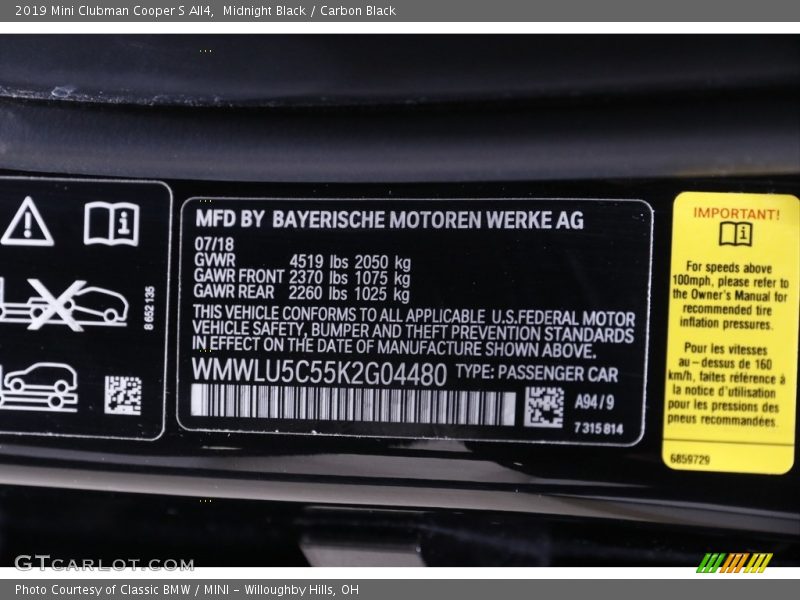 Midnight Black / Carbon Black 2019 Mini Clubman Cooper S All4