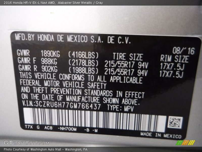 Alabaster Silver Metallic / Gray 2016 Honda HR-V EX-L Navi AWD
