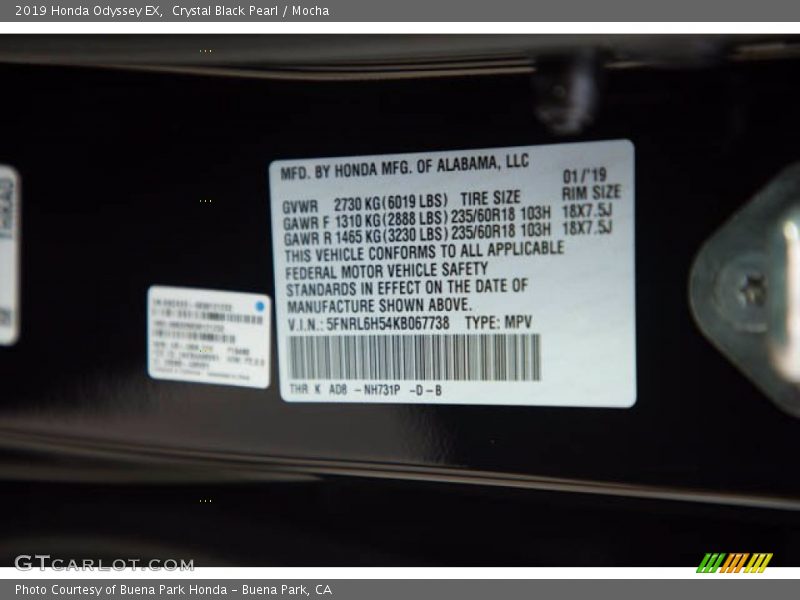 Crystal Black Pearl / Mocha 2019 Honda Odyssey EX