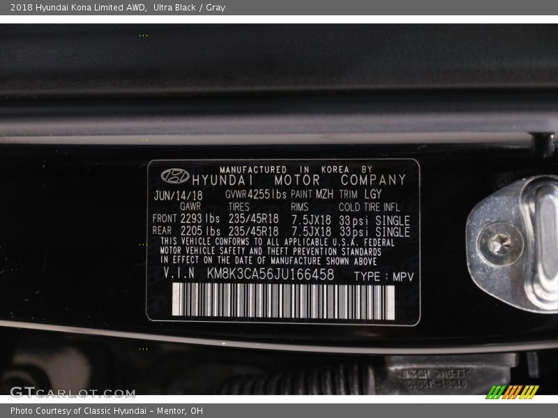 2018 Kona Limited AWD Ultra Black Color Code MZH