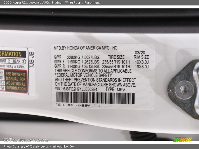 Platinum White Pearl / Parchment 2020 Acura RDX Advance AWD