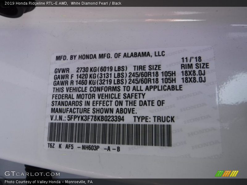 White Diamond Pearl / Black 2019 Honda Ridgeline RTL-E AWD