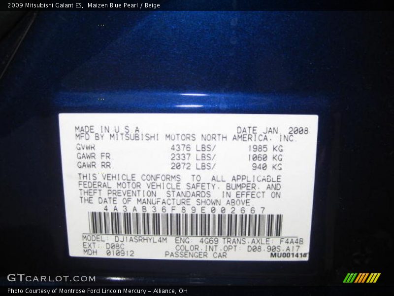 Maizen Blue Pearl / Beige 2009 Mitsubishi Galant ES