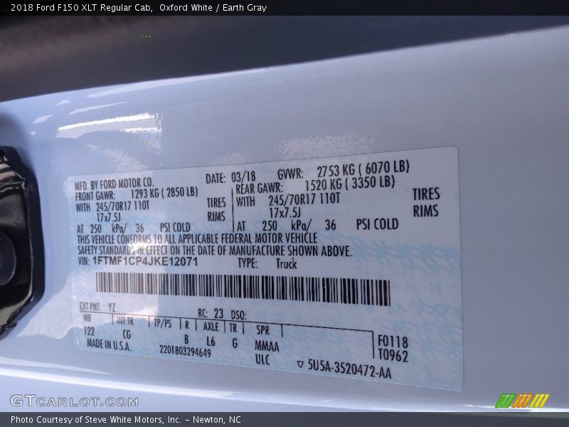 2018 F150 XLT Regular Cab Oxford White Color Code YZ