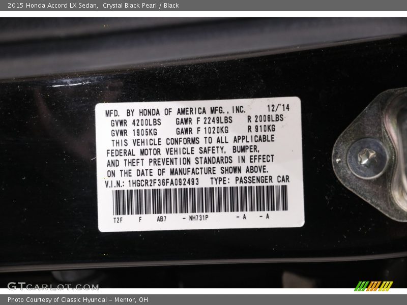 Crystal Black Pearl / Black 2015 Honda Accord LX Sedan