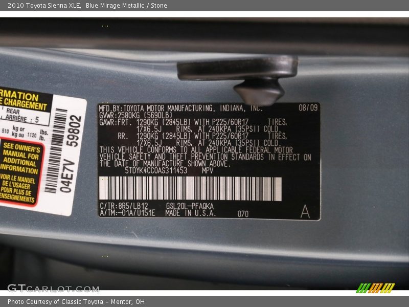 Blue Mirage Metallic / Stone 2010 Toyota Sienna XLE