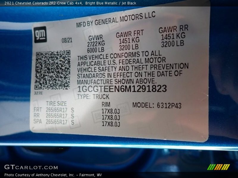 Bright Blue Metallic / Jet Black 2021 Chevrolet Colorado ZR2 Crew Cab 4x4