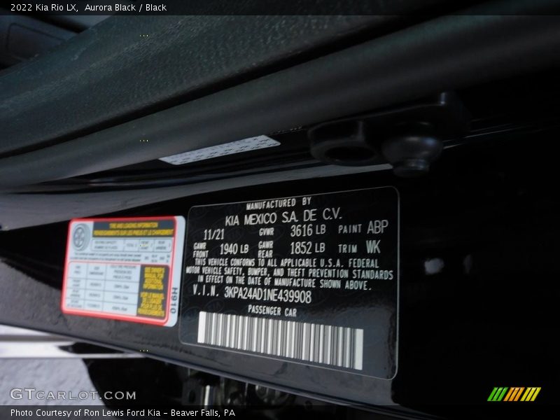 2022 Rio LX Aurora Black Color Code ABP