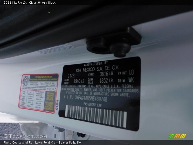 2022 Rio LX Clear White Color Code UD