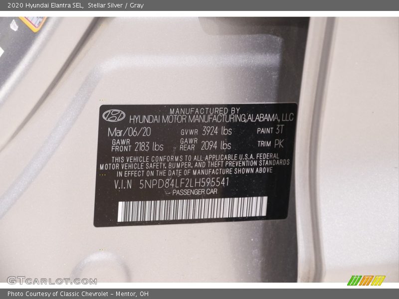 2020 Elantra SEL Stellar Silver Color Code 3T