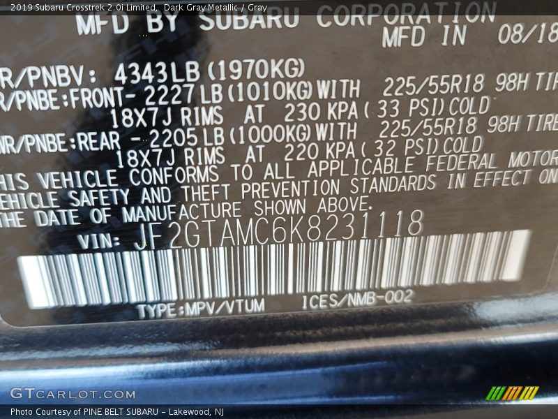 Dark Gray Metallic / Gray 2019 Subaru Crosstrek 2.0i Limited