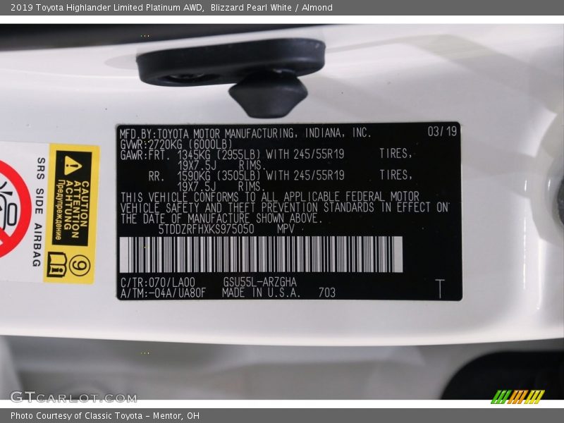 Blizzard Pearl White / Almond 2019 Toyota Highlander Limited Platinum AWD
